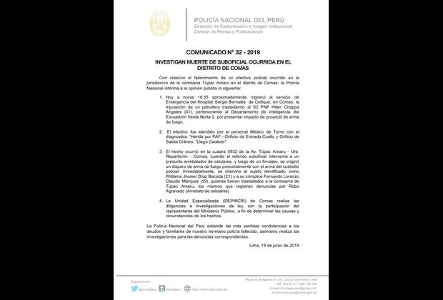 Comas: delincuentes armados asesinaron a policía que salió en defensa de mujer