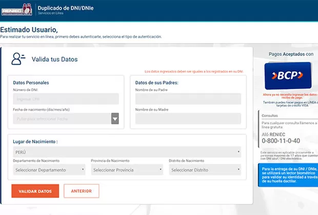 reniec duplicado de dni internet