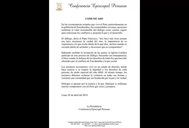 Conferencia Episcopal sobre Las Bambas: Reafirmamos el valor insustituible del diálogo