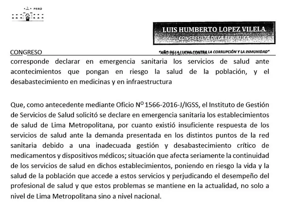Congreso: piden declarar en emergencia el sector salud por 90 días