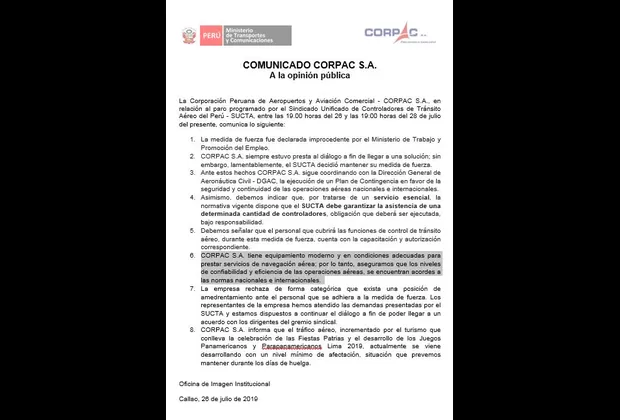 Controladores aéreos iniciaron huelga a nivel nacional