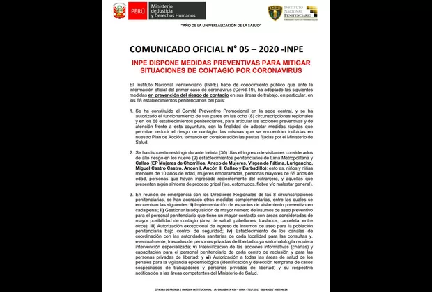 Coronavirus: INPE restringirá el ingreso de visitas a penales de Lima y Callao