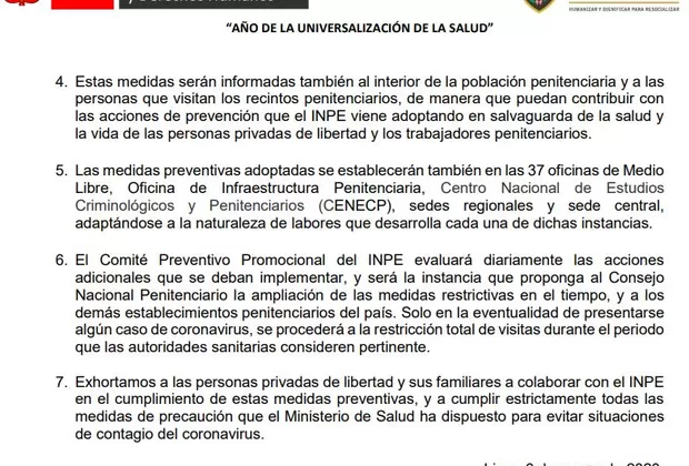 Coronavirus: INPE restringirá el ingreso de visitas a penales de Lima y Callao