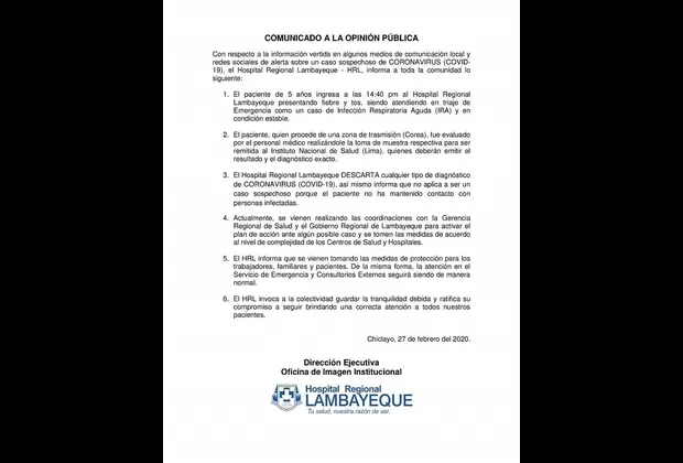 Lambayeque: Hoy confirman si existe el primer caso de coronavirus en el país