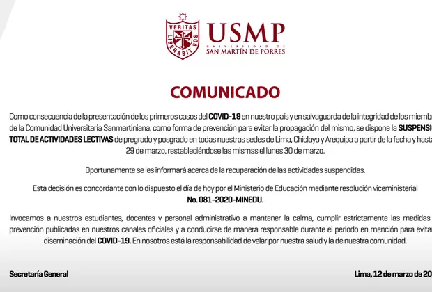 Coronavirus: Universidad San Martín de Porres suspende clases en todas sus sedes en Perú