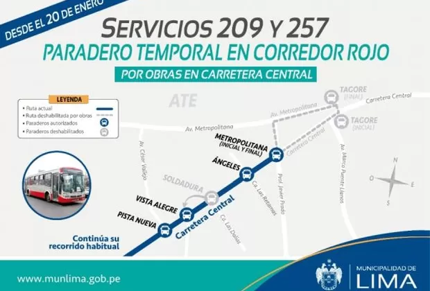 Corredor Javier Prado varía paraderos en Ate por obras en Carretera Central
