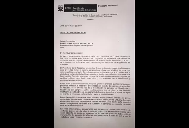 Cuestión de confianza: este es el documento que presentó Del Solar al Congreso