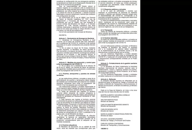 Coronavirus en Perú: Declaran emergencia sanitaria a nivel nacional por 90 días