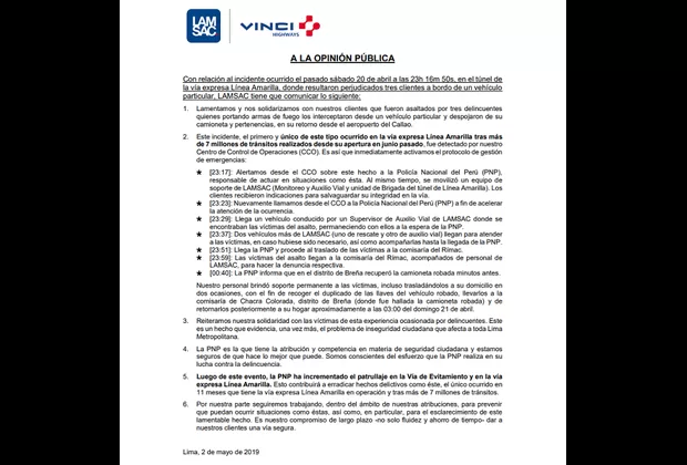 Delincuentes armados asaltaron a una familia en túnel de Línea Amarilla