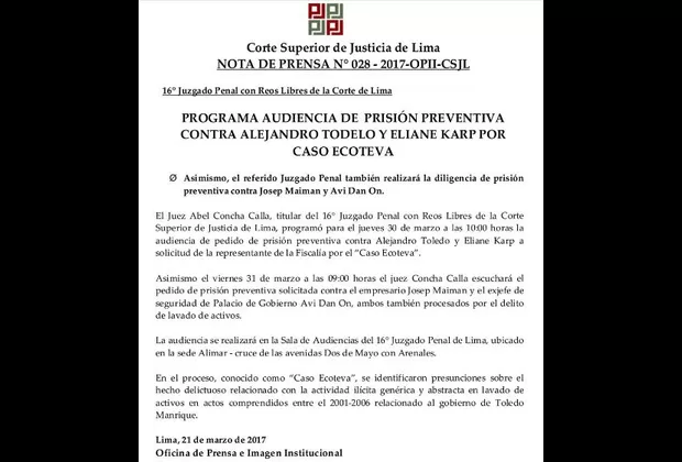 Ecoteva: fiscal pidió captura de Alejandro Toledo y Eliane Karp