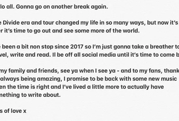 Ed Sheeran se aleja de las redes sociales y toma un descanso por estos motivos