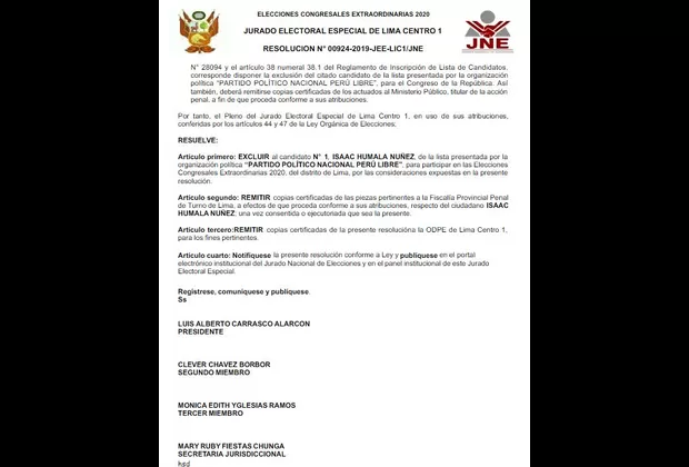 Elecciones 2020: JEE Lima Centro I excluyó la candidatura de Isaac Humala