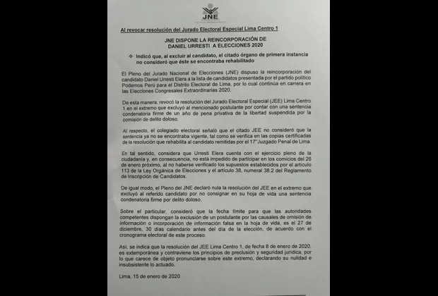 Daniel Urresti: JNE ordenó reincorporación de su candidatura al Congreso