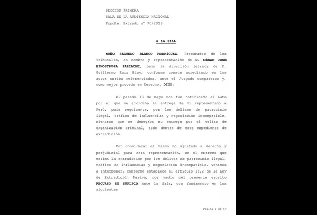 Hinostroza presentó recurso de súplica contra extradición ante justicia española
