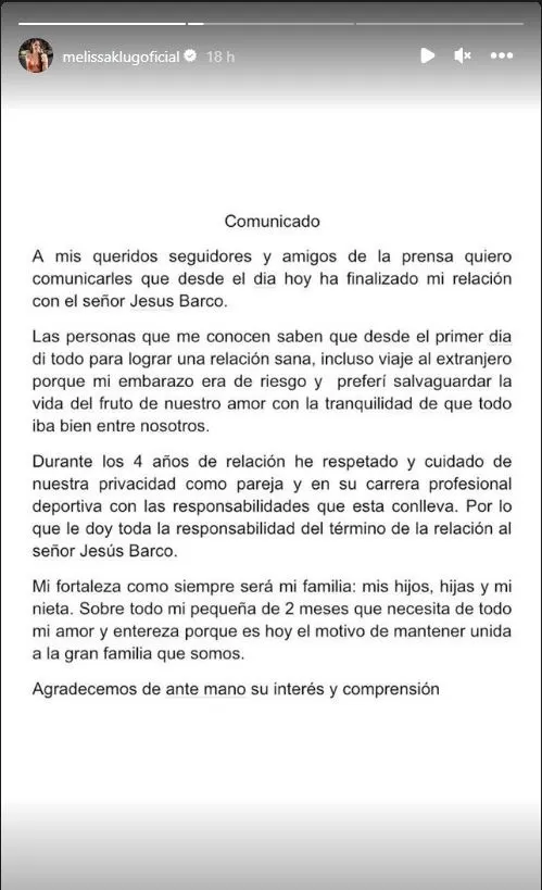 Comunicado de Melissa Klug dando por finalizada su relación con Jesús Barco/Foto: Instagram