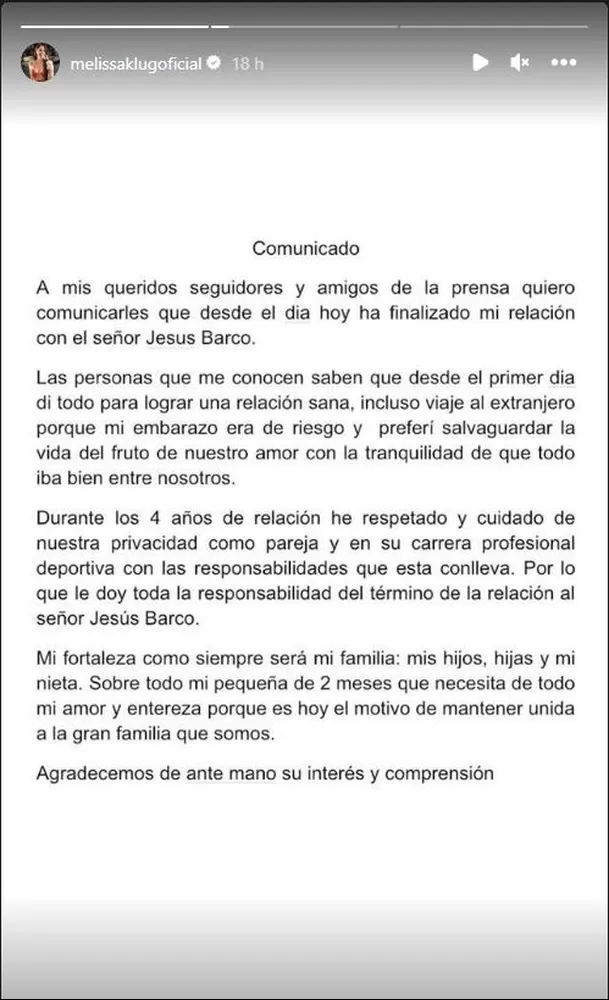 Comunicado de Melissa Klug dando por finalizada su relación con Jesús Barco/Foto: Instagram