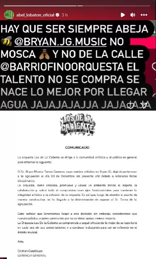 Mensaje de Abel Lobatón en apoyo a Bryan Torres tras su despoido de orquesta del primo de Jefferson Farfán/ Foto: Instagram