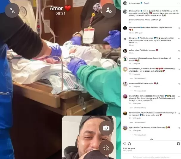 Bryan Torres vio el parto de su tercer bebé por videollamada. Fuente: Instagram