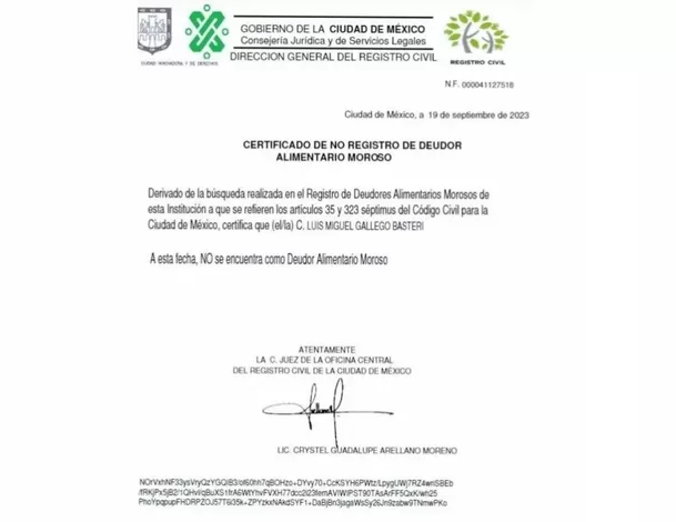 Documento oficial del Gobierno de Ciudad de México especifica que no existe ninguna reclamación relacionada con la morosidad de Luis Miguel.