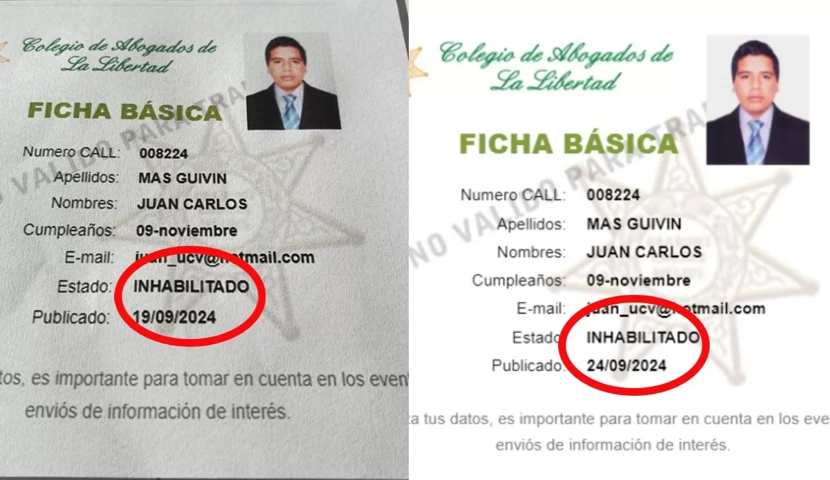 Documentos que prueban que desde el día de la audiencia 19 de septiembre de 2024 a la fecha el abogado Juan Carlos Guivin está inhabilitado para ejercer/Foto: Colegio de Abogados de La Libertad