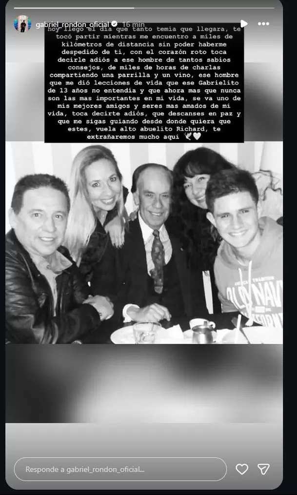 El recordado actor de De vuelta al barrio compartió una emotiva despedida tras la muerte de su abuelo Richard, a quien describió como uno de los hombres más importantes de su vida El recordado actor de De vuelta al barrio compartió una emotiva despedida tras la muerte de su abuelo Richard, a quien describió como uno de los hombres más importantes de su vida