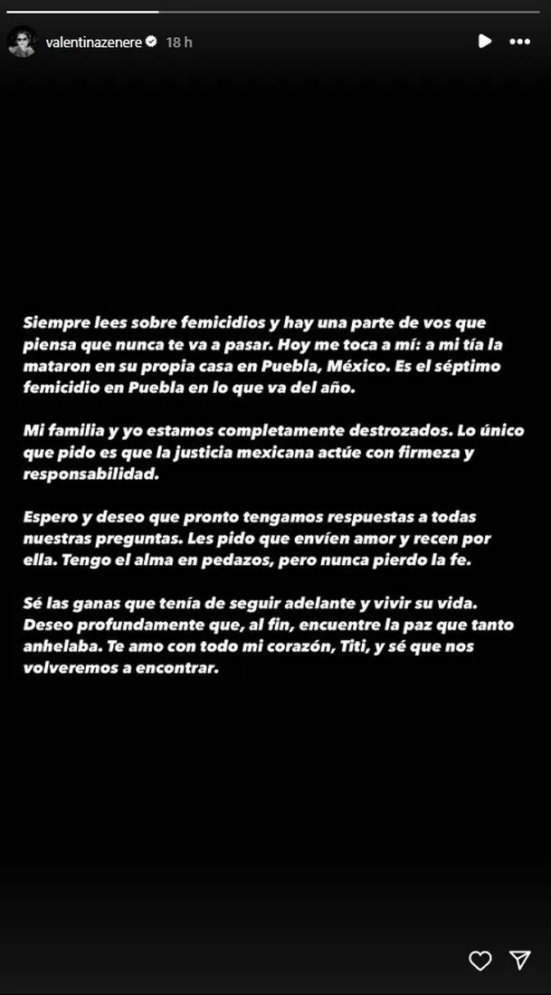Valentina Zenere denunció el feminicidio de su tía a través de redes sociales. Foto: Instagram Valentina Zenere denunció el feminicidio de su tía a través de redes sociales. Foto: Instagram