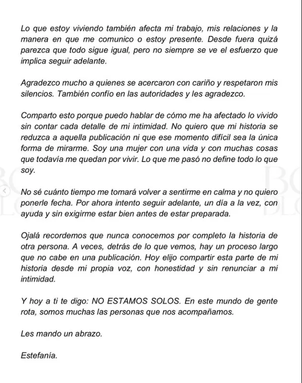 La actriz explicó que su publicación de setiembre estuvo relacionada con el impacto emocional de un proceso legal que sigue bajo investigación. Foto: IG @estefaniavillarreal La actriz explicó que su publicación de setiembre estuvo relacionada con el impacto emocional de un proceso legal que sigue bajo investigación. Foto: IG @estefaniavillarreal