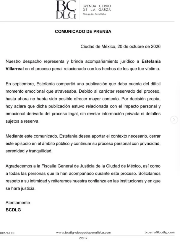 La actriz explicó que su publicación de setiembre estuvo relacionada con el impacto emocional de un proceso legal que sigue bajo investigación. Foto: IG @estefaniavillarreal La actriz explicó que su publicación de setiembre estuvo relacionada con el impacto emocional de un proceso legal que sigue bajo investigación. Foto: IG @estefaniavillarreal