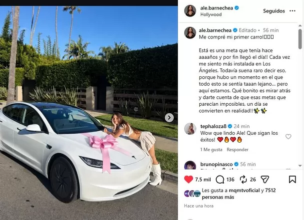 La actriz Alexia Barnechea se compró su primer auto en Los Ángeles / IG: @ale.barnechea