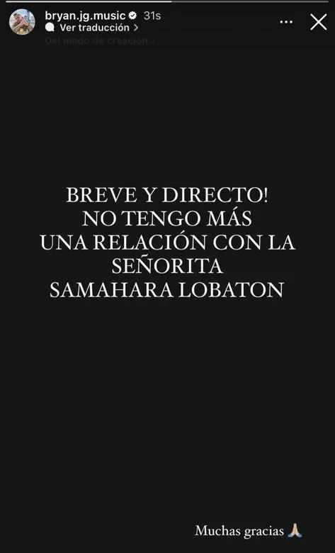 Comunicado de Bryan Torres anunciando fin de su relación con Samahara Lobatón/ Foto: IG Bryan Torres