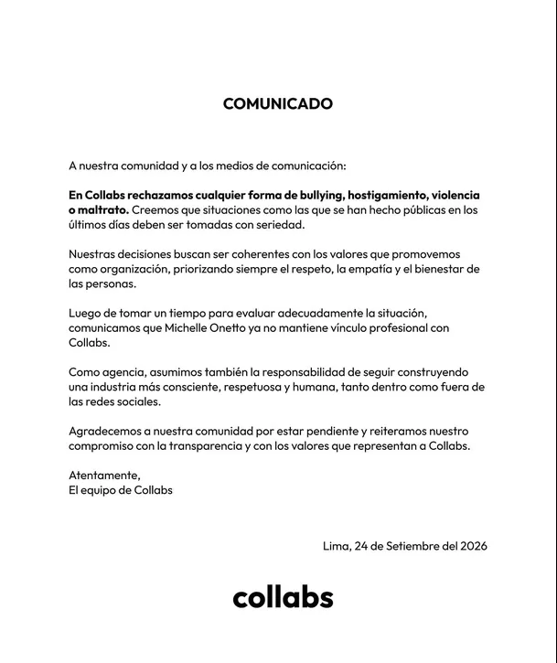 Agencia despide a Michelle Onetto por acusaciones de bullying / IG: @collabs.to Agencia despide a Michelle Onetto por acusaciones de bullying / IG: @collabs.to