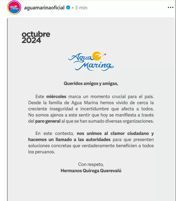 'Agua Marina' se unió al pedido ciudadano de tomar acciones concretas contra la inseguridad ciudadana/Foto: Instagram