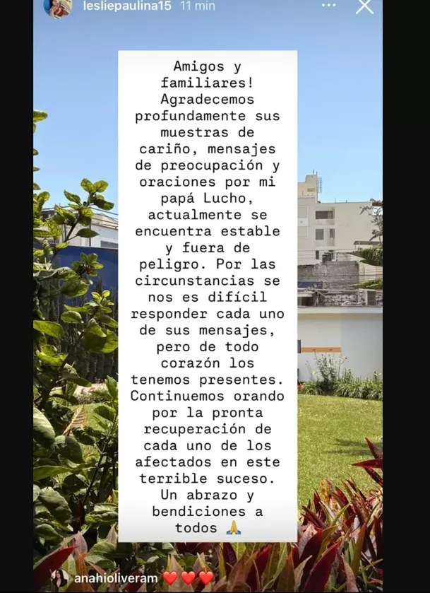 Mensaje de Leslie Quiroga en redes sociales. Foto: Instagram