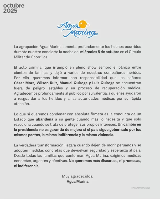 Agua Marina lanzó comunicado oficial en redes sociales. Foto: Instagram.
