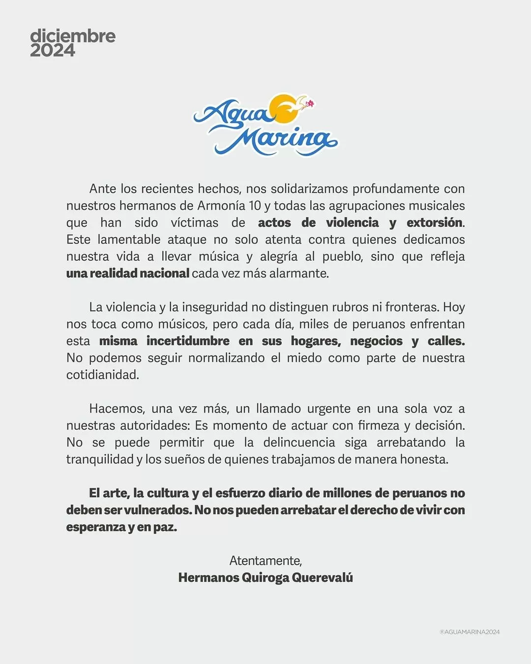 Comunicado de 'Agua Marina' tras atentado en contra de 'Armonía 10' / Instagram