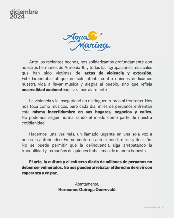 Comunicado de 'Agua Marina' tras atentado en contra de 'Armonía 10' / Instagram