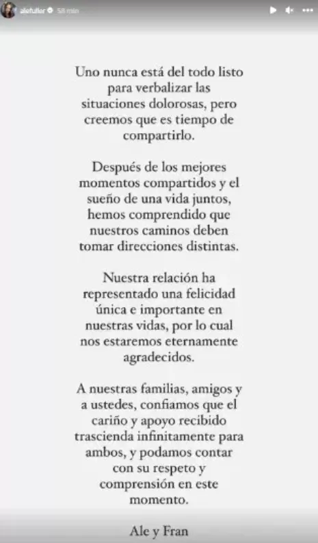 Ale Fuller comunicó el fin de su compromiso y relación con Francesco Balbi. Foto: Instagram 