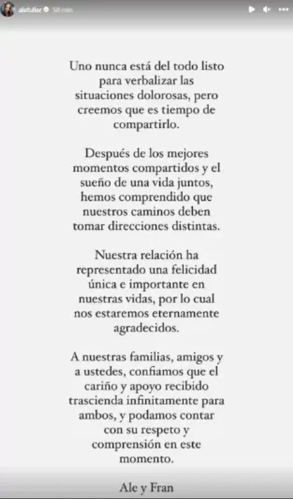 Ale Fuller comunicó el fin de su compromiso y relación con Francesco Balbi. Foto: Instagram 