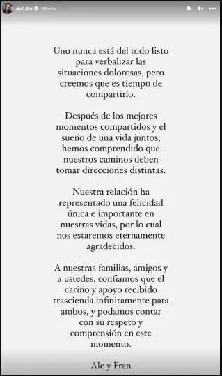 Alessandra Fuller oficializó el final de su noviazgo con Francesco Balbi con este comunicado en Instagram/ Foto: Instagram