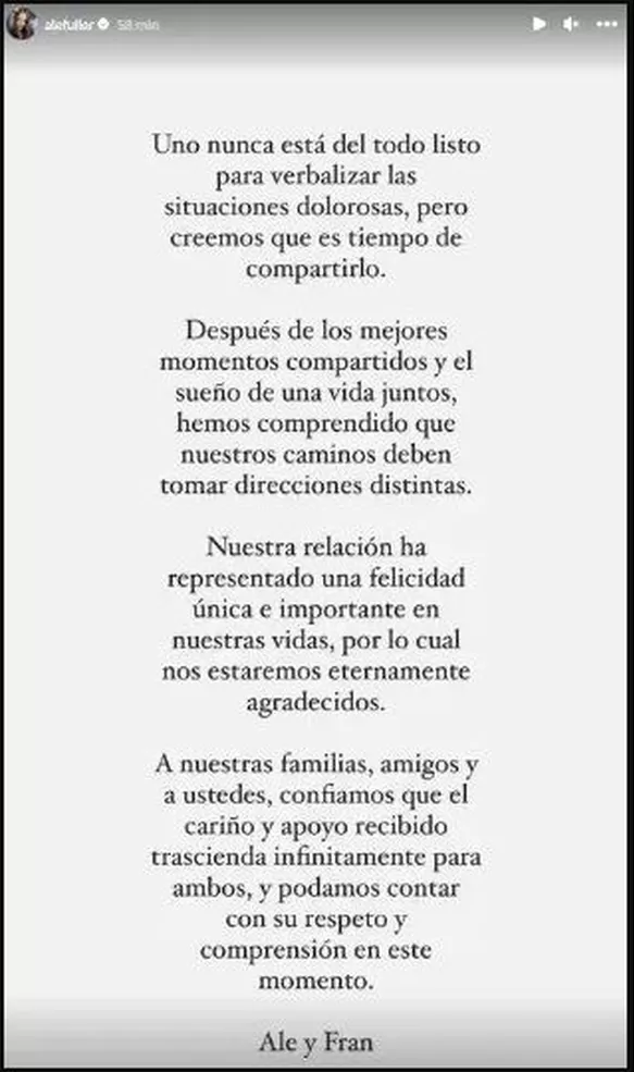 Alessandra Fuller oficializó el final de su noviazgo con Francesco Balbi con este comunicado en Instagram/ Foto: Instagram