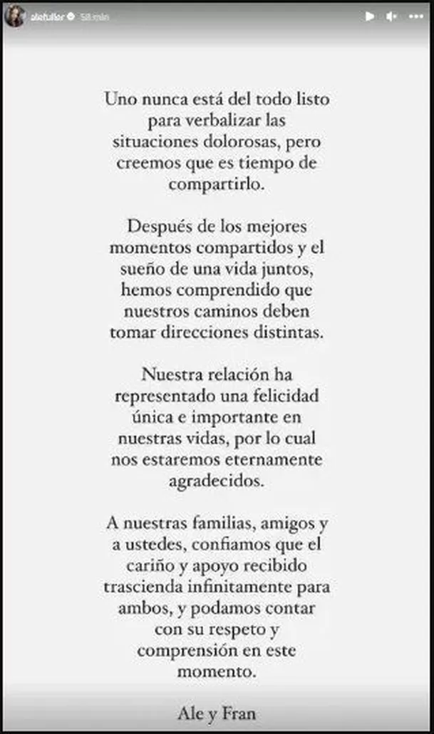 Alessandra Fuller oficializó el final de su noviazgo con Francesco Balbi con este comunicado en Instagram/ Foto: Instagram