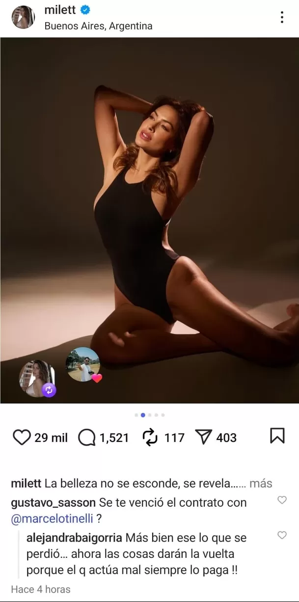 Alejandra Baigorria defiende a Milett Figueroa y ataca a Marcelo Tinelli . fuente: Instagram