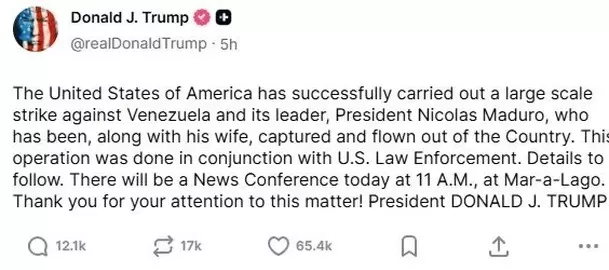 Donald Trump anuncia la captura del presidente de Venezuela, Nicolás Maduro / Truth