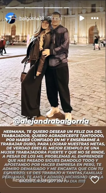 Mensaje de Sergio Baigorria saludado a Alejandra por el día del trabajador/foto: Instagram