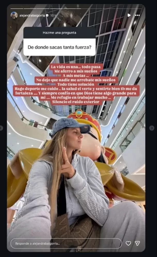 A través de sus historias de Instagram, Alejandra Baigorria respondió a una pregunta sobre de dónde saca tanta fuerza. Foto: Instagram