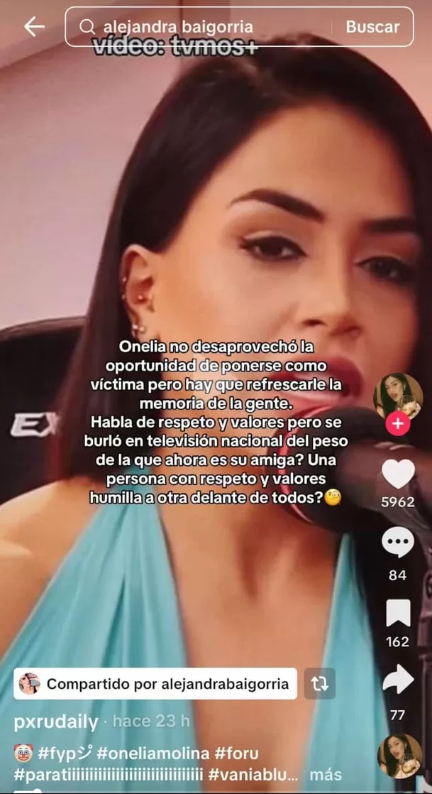 Alejandra Baigorria reposteó video en contra de Onelia Molina. Fuente: TikTok