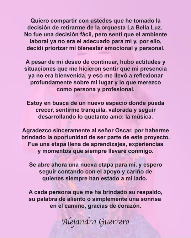 Alejandra Guerrero y su comunicado/ Instagram