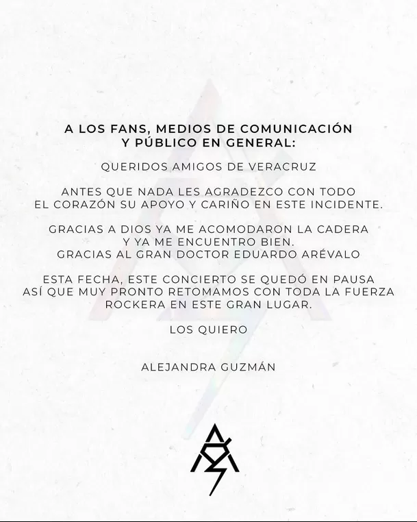 Comunicado de Alejandra Guzmán tras sufrir lesión en la cadera durante concierto / IG: @laguzmanmx Comunicado de Alejandra Guzmán tras sufrir lesión en la cadera durante concierto / IG: @laguzmanmx