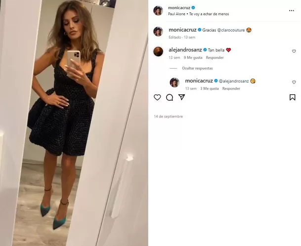 El pasado 14 de septiembre Alejandro Sanz dejó un comentario en una de las publicaciones de Mónica Cruz, y ella correspondió con un emoji de un beso/Foto: Instagram