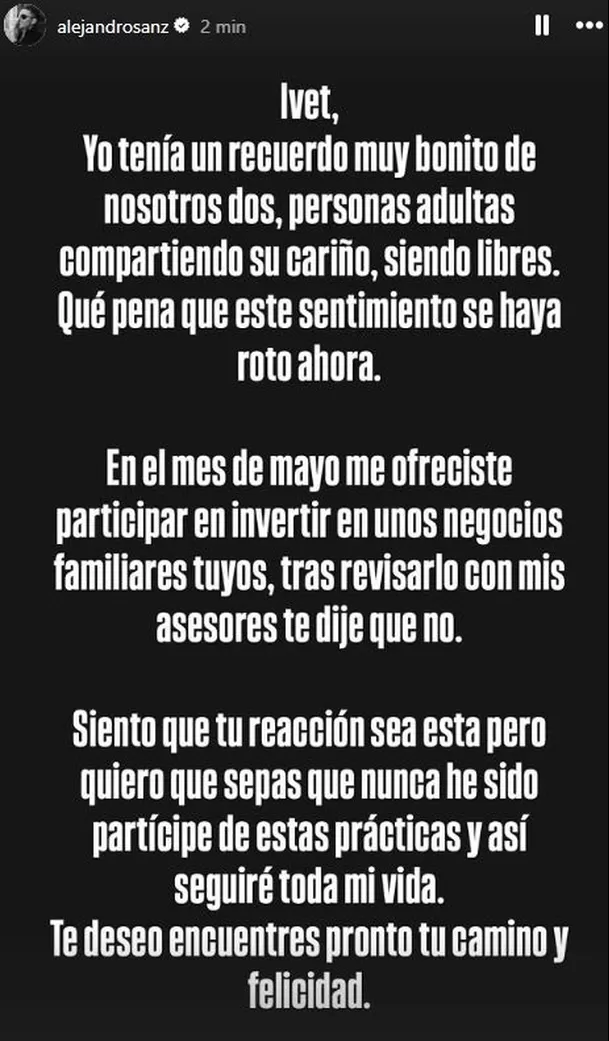 El mensaje que Alejandro Sanz le envió a Ivet Playà tras fuerte acusación / Instagram El mensaje que Alejandro Sanz le envió a Ivet Playà tras fuerte acusación / Instagram